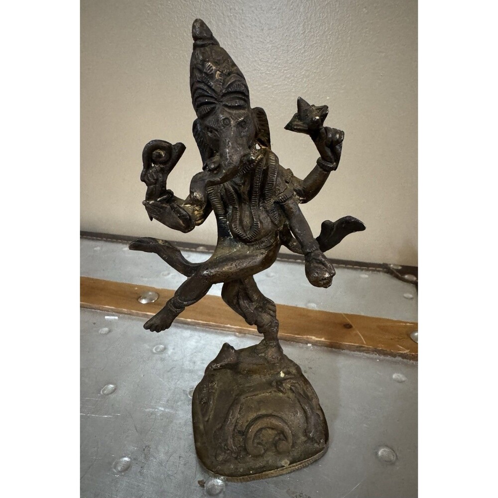 Bronze Handmade Hindu Ganesha Statue Multiple Arms Mouse Mount Hinduism